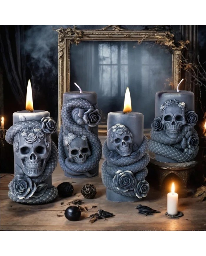 Kafatası ve Yılan Desenli Epoksi Mum ve Beton Kalıbı - Kod: 1186C