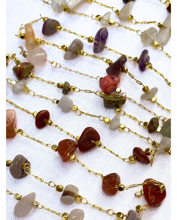 Doğal Kırık Taşlı Kuyumcu Zinciri Altın Rengi Ara Boncuklu Mor 3mm - 1m