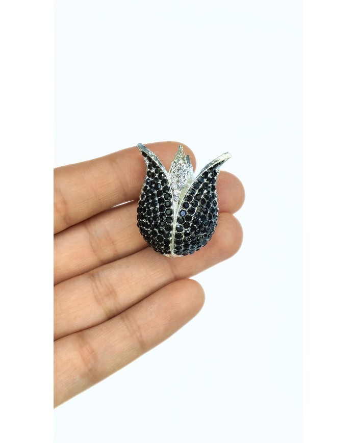 Zamak Siyah Kristal Taşlı Lale Model Tesbih İmamesi Nikel – 30x32mm