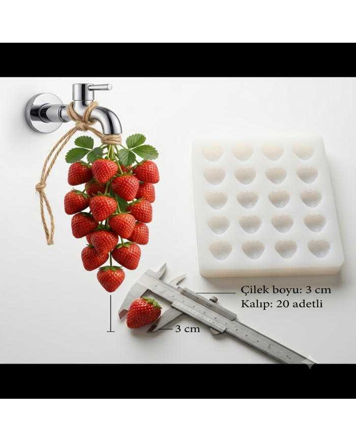 20'li Çilek Silikon Kalıbı – Mum, Sabun ve Epoksi Uyumlu (3 cm)