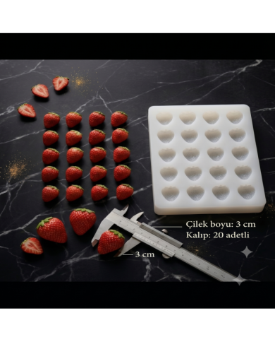 20'li Çilek Silikon Kalıbı – Mum, Sabun ve Epoksi Uyumlu (3 cm)